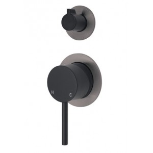 Kaya Wall Diverter Mixer, Matte Black, Small Round Gun Metal Plates